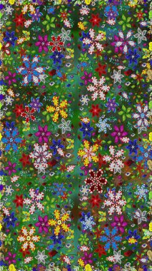 Raster illüstrasyonu. Çiçek buketleriyle klasik tarzda kusursuz desenler. Yeşil ve mavi renklerde.