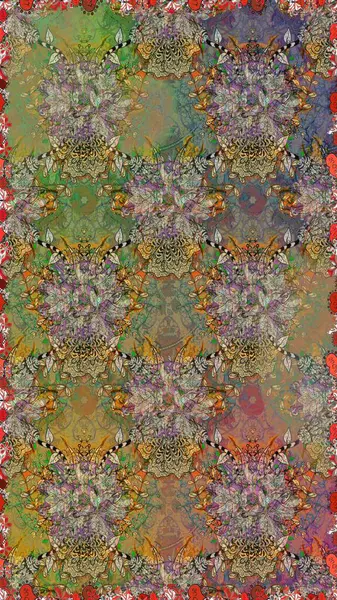 Renkli Bahar Temalı Kusursuz Arkaplan. Raster illüstrasyonu. Çiçek deseni. Düz Çiçek Elementleri Tasarımı. Kusursuz Chichi kumaş deseni..