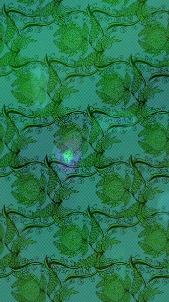 Çiçekli yumuşak bir eskiz şekli. Raster illüstrasyonu. Raster çiçekleri klasik tarzda çizilmiş. Yeşil ve mavi renklerde bahar çiçekleri..