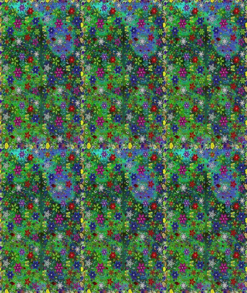 Renkli Bahar Temalı Kusursuz Arkaplan. Sevimli çiçek raster deseni. Yeşil ve mavi renkte çiçekler. Düz Çiçek Elementleri Tasarımı.