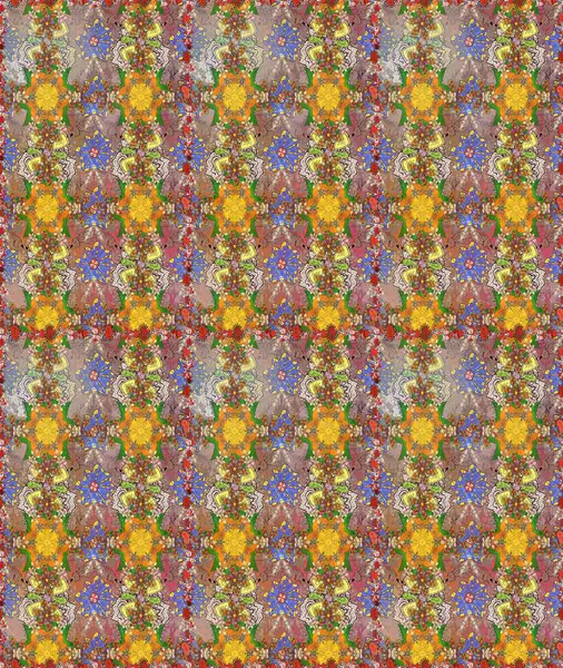 Modern çiçek arkaplanı. Halk tarzı. Parlak renkli çiçekleri ve kahverengi ve bej renklerinde yaprakları olan şaşırtıcı, pürüzsüz çiçek deseni. Moda baskıları için zarif bir şablon.