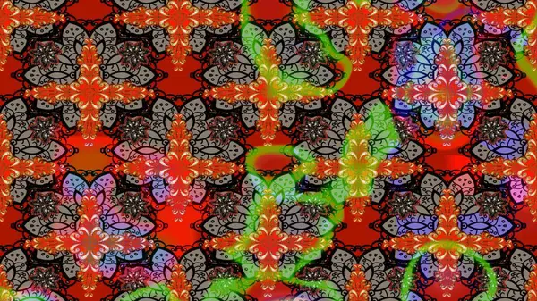 Modern çiçek arkaplanı. Moda baskıları için zarif bir şablon. Parlak renkli çiçekli ve kırmızı yapraklı harika bir çiçek deseni. Halk stili.