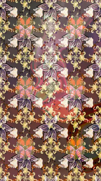 Kahverengi renkte çok kahverengi, zarif küçük çiçekler ve komik böcekler, raster desen, illüstrasyon.