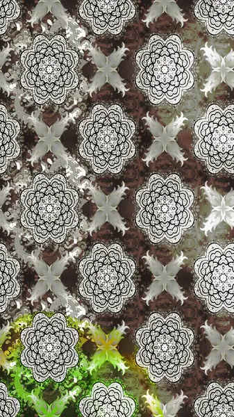 Çiçek duvar kağıdı. Renkli süs kenarı. Hint süsü. Çizim kalıbı. Raster illüstrasyonu. Gri renklerde.