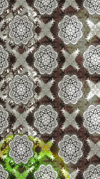 Çiçek duvar kağıdı. Renkli süs kenarı. Hint süsü. Çizim kalıbı. Raster illüstrasyonu. Gri renklerde.