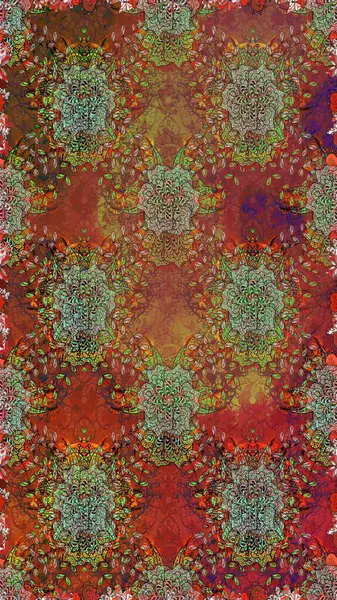 Tekstil tasarımı için kırmızı ve kahverengi renkli geleneksel halk çiçekleri buketi. Çiçeksiz desenli nakış işlemeli gelincikler ve vadi zambaklarıyla.