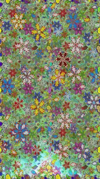 Raster illüstrasyonunda kusursuz çiçek deseni. Çiçekler suluboya tarzında yeşil ve nötr renklerde.