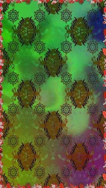 Raster illüstrasyonu. Yeşil ve kahverengi renkli çiçekler. Kusursuz çiçek deseni duvar kağıdı için kullanılabilir.