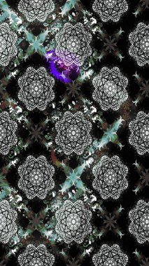 Çok renkli, zarif küçük çiçekler ve siyah renkli komik böcekler, raster desen, illüstrasyon..