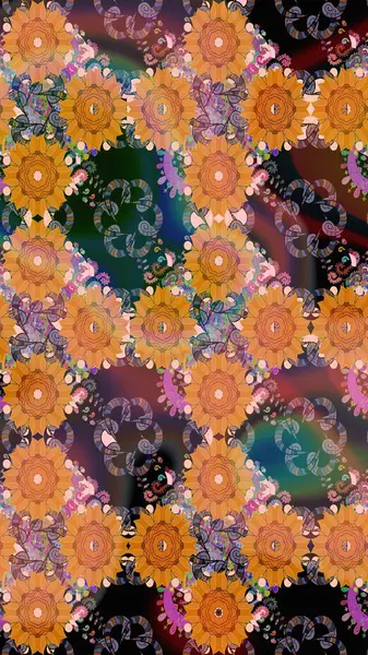 Çiçek deseni. Turuncu renkte çiçek çizimi. Şatafatlı bahar bahçesi dokusu. Raster illüstrasyonu. Turuncu renkte çiçekler.