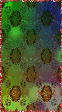 Çok yeşil ve kahverengi zarif küçük çiçekler ve yeşil ve kahverengi renkli komik böcekler, raster desen, illüstrasyon.