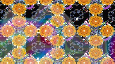 Parlak renkli çiçekleri ve sarı ve mavi renklerde yaprakları olan şaşırtıcı, pürüzsüz çiçek deseni. Moda baskıları için zarif bir şablon. Halk tarzı. Modern çiçek arkaplanı.