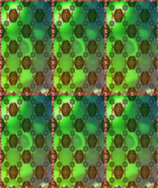 Kusursuz bir arka plan modeli. Yapraklı çiçekler ve yeşil ve kahverengi renkli papatya çiçekleri. Raster - stok.