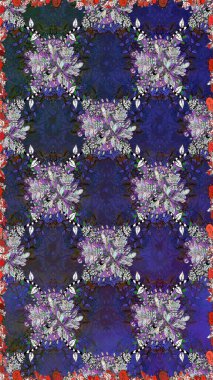 Raster Illustrasyon 'da moda olmayan çiçek deseni. Renkli Yaz Temalı Kusursuz Arkaplan. Düz Çiçek Elementleri Tasarımı. Mor ve gri renkte çiçekler.