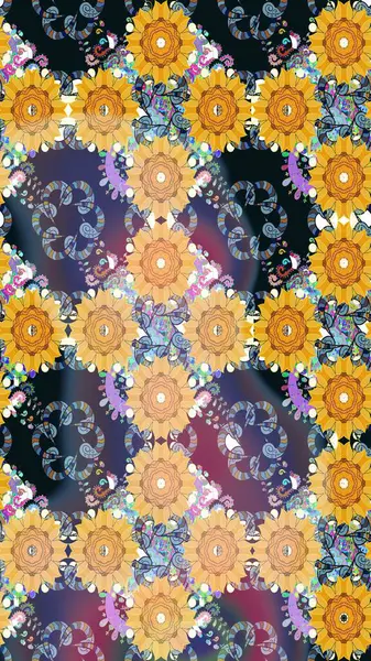 Çiçek duvar kağıdı. Renkli süs kenarı. Hint süsü. Çizim kalıbı. Raster illüstrasyonu. Sarı renklerde.