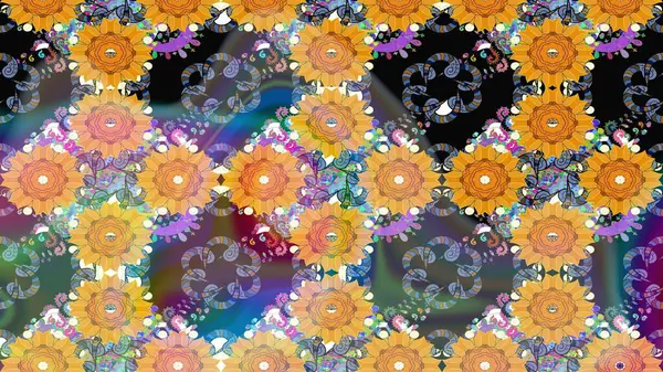 Parlak renkli çiçekleri ve sarı ve mavi renklerde yaprakları olan şaşırtıcı, pürüzsüz çiçek deseni. Moda baskıları için zarif bir şablon. Halk tarzı. Modern çiçek arkaplanı.