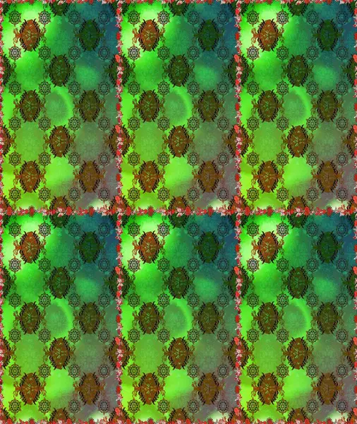 Kusursuz bir arka plan modeli. Yapraklı çiçekler ve yeşil ve kahverengi renkli papatya çiçekleri. Raster - stok.