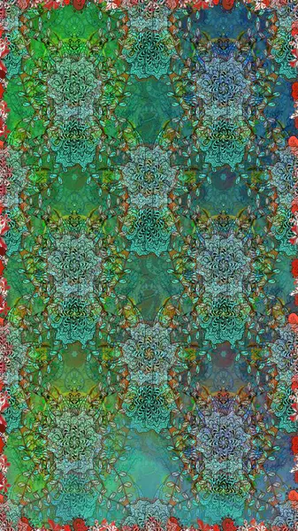 Yeşil renkli çiçekler. Raster illüstrasyonu. El çizimi çiçekleri olan soyut, pürüzsüz desen.