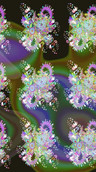 Şirin çiçekli eskiz deseni ve yeşil renkli yapraklar, suluboya çiçek deseni, duvar kağıdı, kart veya kumaş için fayanslı. Raster illüstrasyonu.