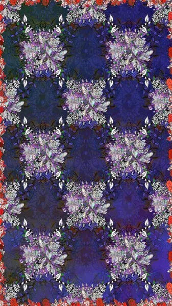 Raster Illustrasyon 'da moda olmayan çiçek deseni. Renkli Yaz Temalı Kusursuz Arkaplan. Düz Çiçek Elementleri Tasarımı. Mor ve gri renkte çiçekler.