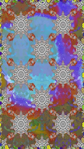 Raster illüstrasyonu. Kusursuz çiçek deseni. Raster illüstrasyonu. Kahverengi ve gri renkli çiçekler. Asya tekstil tarzında.