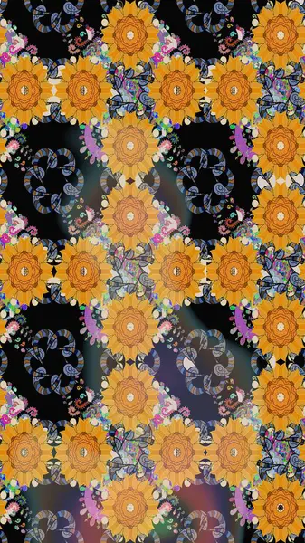 Raster çiçek desenli çiçek deseni, yapraklar, dekoratif elementler, sıçrama, lekeler, el çizimi kontur çizgileri ve Doodle çizim stili, grafik raster çizim çizimi.