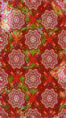 Kabile sanatı boho baskısı, klasik çiçek arkaplanı. Soyut etnik raster kusursuz desen. Arkaplan dokusu, duvar kağıdı, kırmızı ve kahverengi renkli çiçek teması.