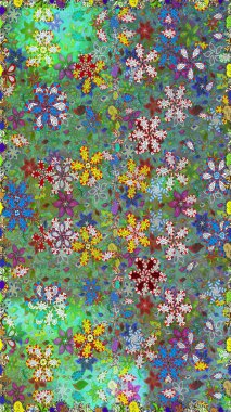 Yeşil ve mavi renkte çiçekler. Raster illüstrasyonunda kusursuz çiçek deseni.