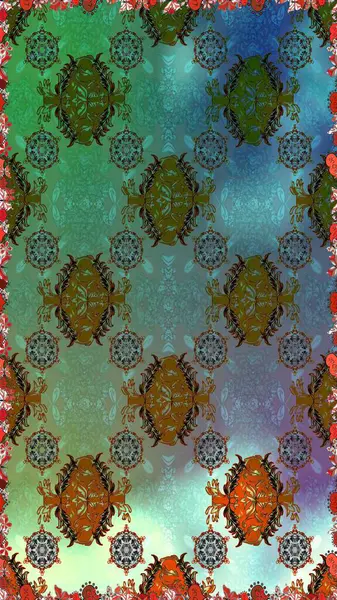 Çiçekler suluboya tarzında yeşil ve mavi renklerde. Raster illüstrasyonunda kusursuz çiçek deseni.