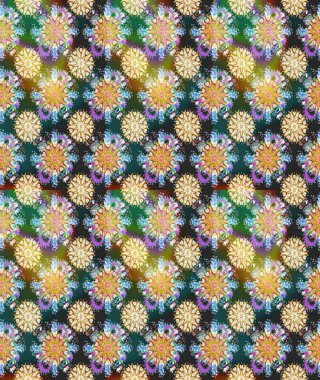 Çiçeksiz desenli, suluboya elle çizilmiş elementler. Parlak renkli fantezi çiçekleri, yapraklar, bej ve nötr renklerde tomurcuklar bej ve nötr.