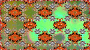 Raster illüstrasyonu. Çiçeklerle suluboya desenli çiçek deseni. Yeşil ve kahverengi renkli Asyalı tekstil.