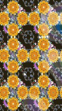 Sarı renklere karalamalar çizilmiş çiçek deseni. Raster illüstrasyonu.