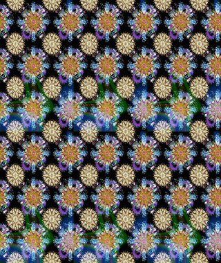 Siyah renkler ve parlak çiçekler üzerine soyut çizim deseni. Çiçeksel elementlerle süslenmiş zarif raster dokusu. Küçük çiçekte şirin bir çiçek deseni var..