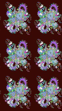 Süslü kumaş deseni. Düz Çiçek Elementleri Tasarımı. Raster illüstrasyonundaki çiçek desenli çizim. Renkli Bahar Teması çizim şablonu.