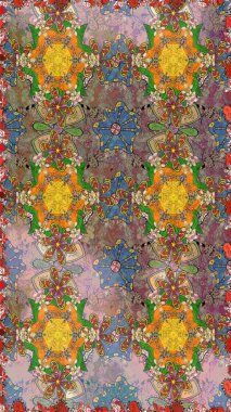 Raster illüstrasyonu. Raster illüstrasyonu. Kahverengi renkli çiçekler. Asya tekstil tarzında. Çiçek desenini çiz.