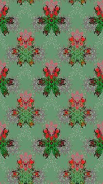 Suluboya çiçekli çiçek deseni. Yeşil renkli Asya tekstili. Raster illüstrasyonu.