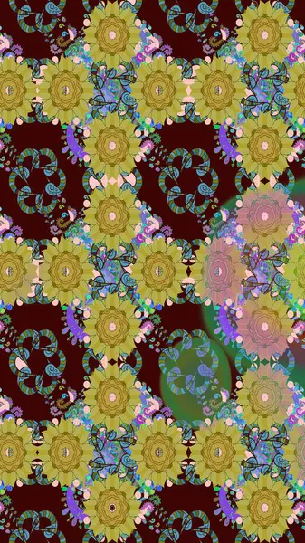 Çiçek desenli çizim. Raster illüstrasyonu. Asya tekstil tarzında. Kahverengi renkli çiçekler. Renkli Bahar Teması eskiz kalıbı. Düz Çiçek Elementleri Tasarımı.