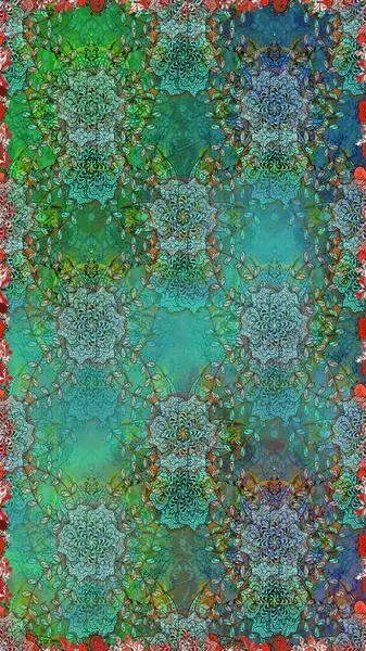 Çiçek yeşili ve mavi pürüzsüz desen. Raster çiçek izi. Klasik taslak çizimi.