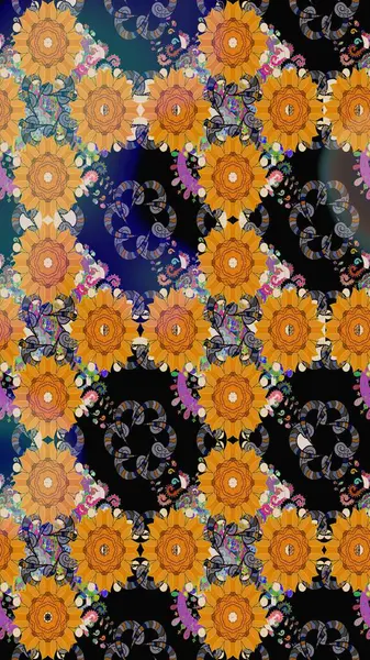 Sevimli çiçek raster deseni. Modaya uygun kumaş deseni. Renkli Yaz Temalı eskiz kalıbı. Düz Çiçek Elementleri Tasarımı.