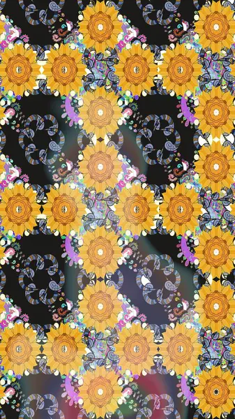 Eskiz klasiği. Raster Şirin kumaş deseni. Renkli Bahar Teması eskiz kalıbı. Düz Çiçek Elementleri Tasarımı.