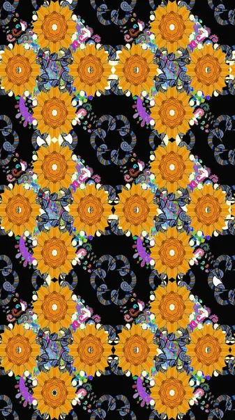 Tomurcukları papatya çiçekleri olan sevimli bir çiçek deseni. Eskiz geçmişi. Raster illüstrasyonu. Kumaş, tekstil, duvar kağıdı baskısı için. Eski usul. Miles Fleur, dandik süs.