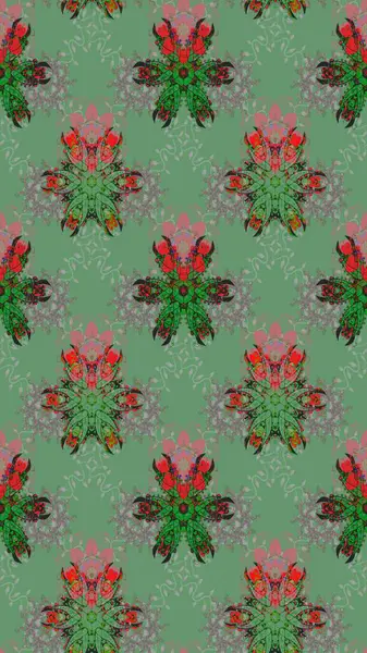 Suluboya çiçekli çiçek deseni. Yeşil renkli Asya tekstili. Raster illüstrasyonu.
