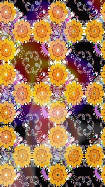 Raster düz çiçek çizim deseni. Hediye ambalaj kağıdı, tebrik kartları, posterler ve pankart tasarımı. Sarı renkte çiçekler.