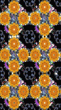 Tomurcukları papatya çiçekleri olan sevimli bir çiçek deseni. Eskiz geçmişi. Raster illüstrasyonu. Kumaş, tekstil, duvar kağıdı baskısı için. Eski usul. Miles Fleur, dandik süs.