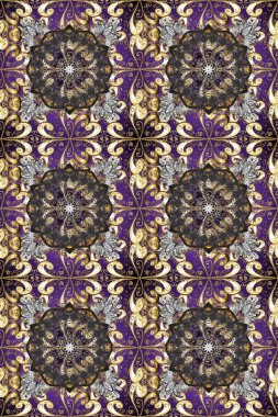 Duvar kâğıdı için altın süslü bir illüstrasyon. Süslü dantel iz sürücü. Çiçekli süslemeli, pürüzsüz bir desen. Doğu tarzında klasik tasarım öğesi. Gri, kahverengi ve bej renklerde Arapça dekoru.