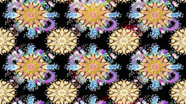 Siyah ve bej renkli çiçekler. Raster illüstrasyonu. Asya tekstil tarzında. Raster illüstrasyonu. Kusursuz çiçek deseni.