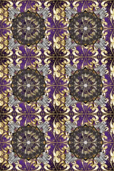 Duvar kâğıdı için altın süslü bir illüstrasyon. Süslü dantel iz sürücü. Çiçekli süslemeli, pürüzsüz bir desen. Doğu tarzında klasik tasarım öğesi. Gri, kahverengi ve bej renklerde Arapça dekoru.