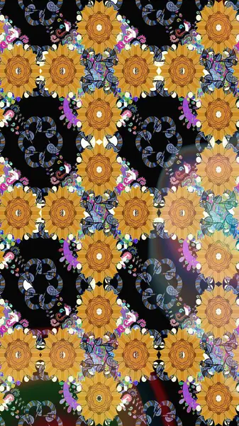 Çiçeksel fantezi tasarımı ve parlak bir arka plan çizimi. Renkli Bahar Teması eskiz kalıbı. Düz Çiçek Elementleri Tasarımı.