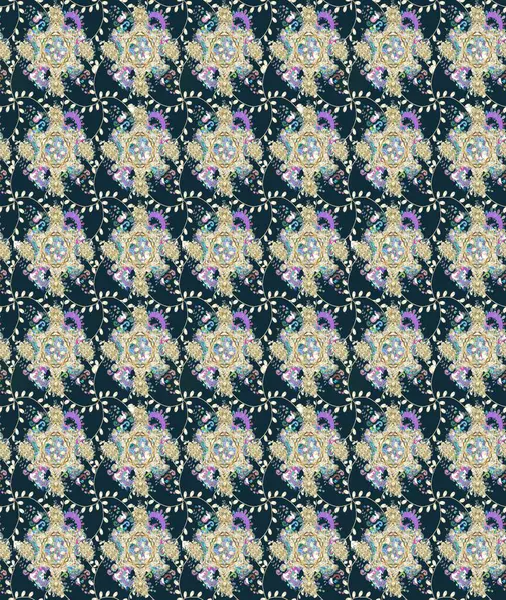 Tekstil tasarımı için mavi renkli geleneksel halk çiçekleri buketi. Üzerinde gelincikler ve vadi zambakları olan renkli çiçek desenli nakış..