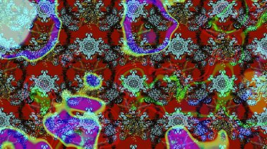 Asya tekstil tarzında. Raster illüstrasyonu. Çiçek desenli çizim. Raster illüstrasyonu. Kırmızı renkte çiçekler.